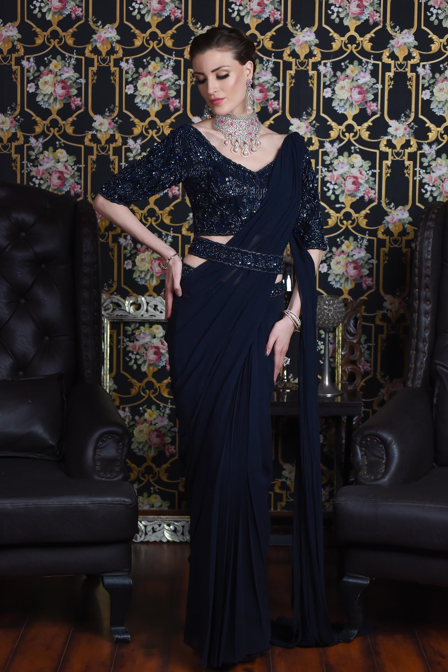 Navy Blue Embroidered Draped Saree