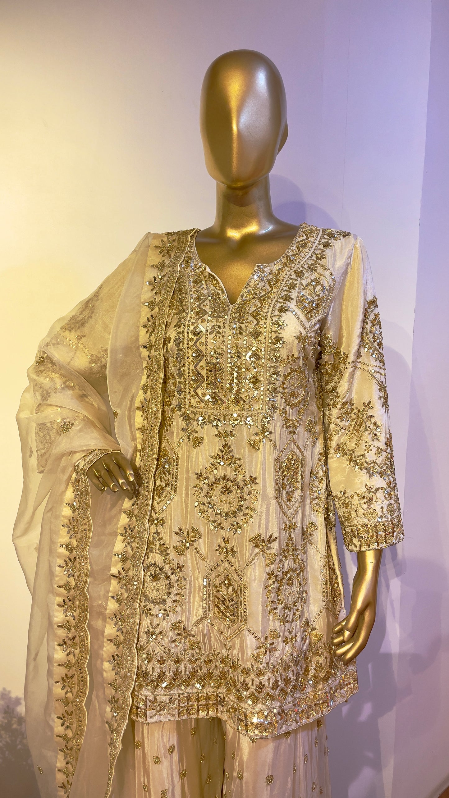 Beige Hand Embroidered Sharara Suit