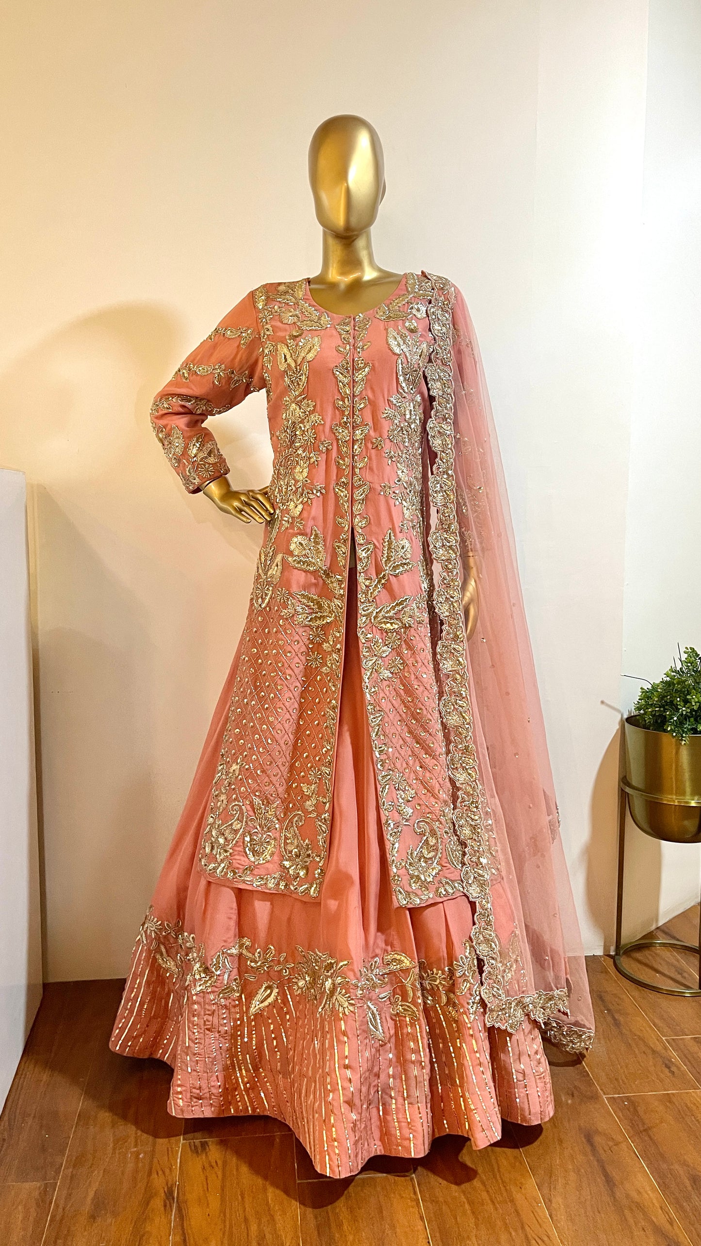 Peach Hand Embroidered Jacket Lehenga