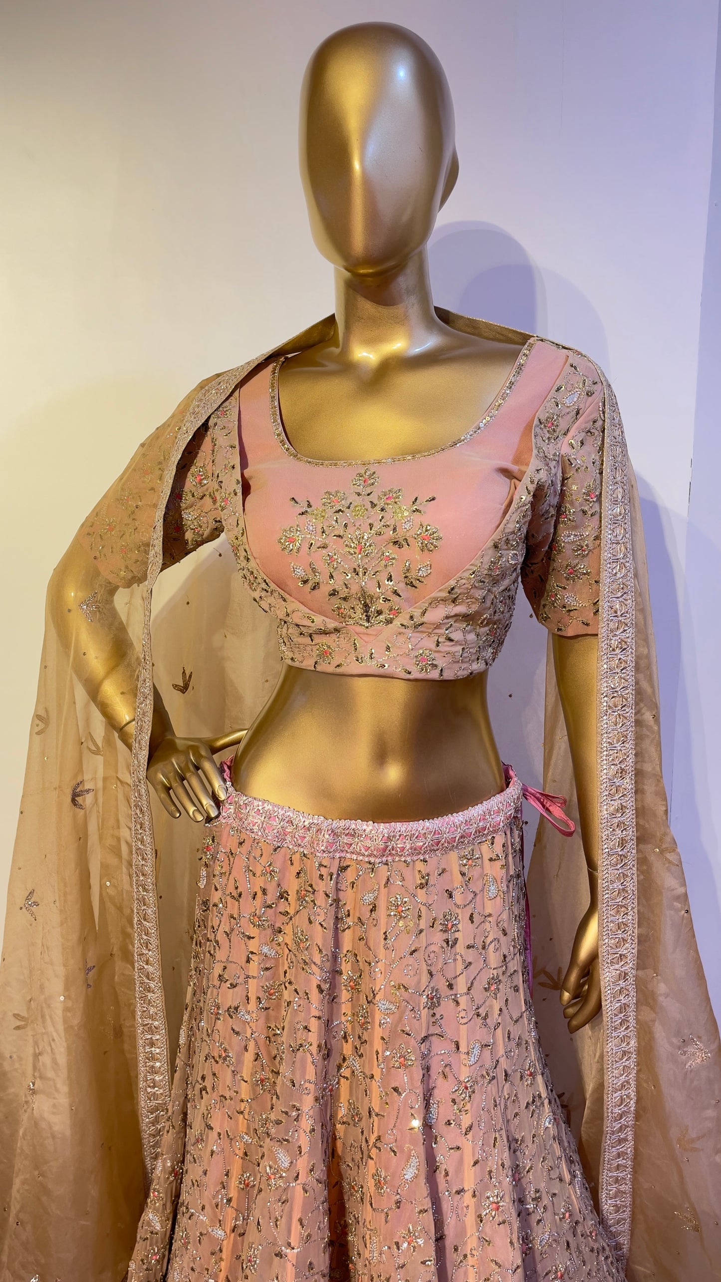 Peach & Pink Hand Embroidered Traditional Lehenga