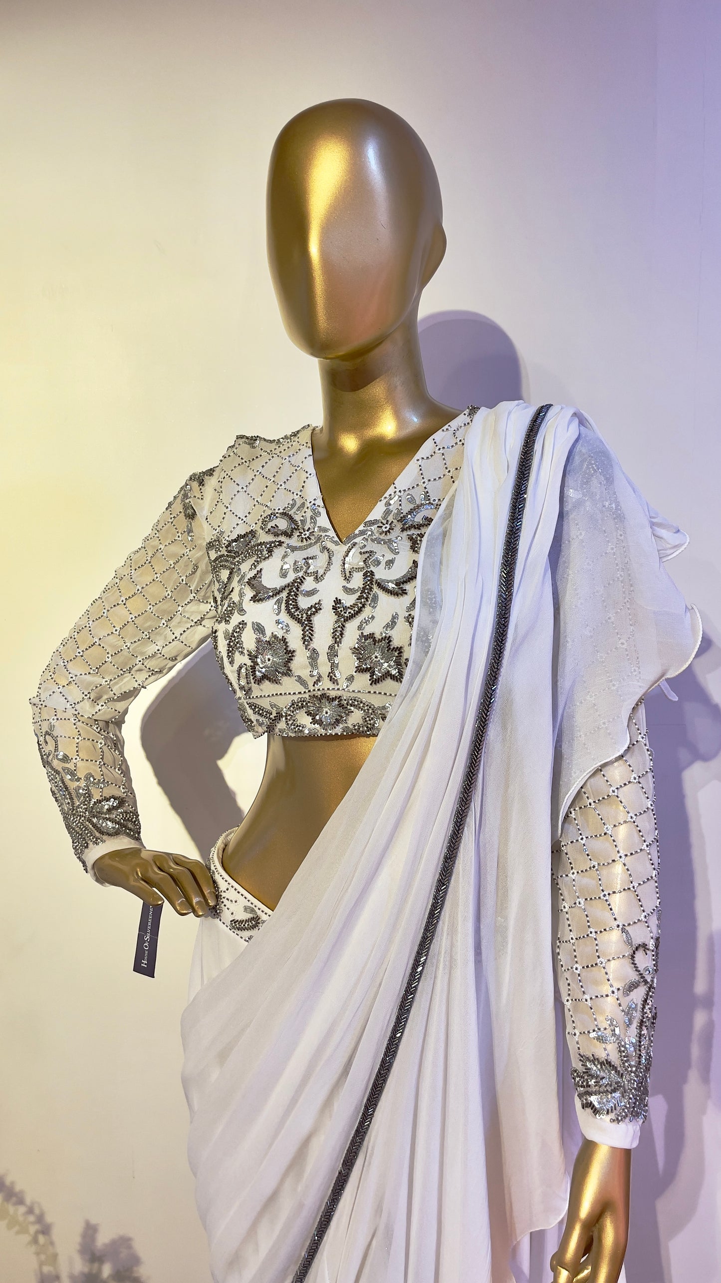 White and Silver embroidered draped sari