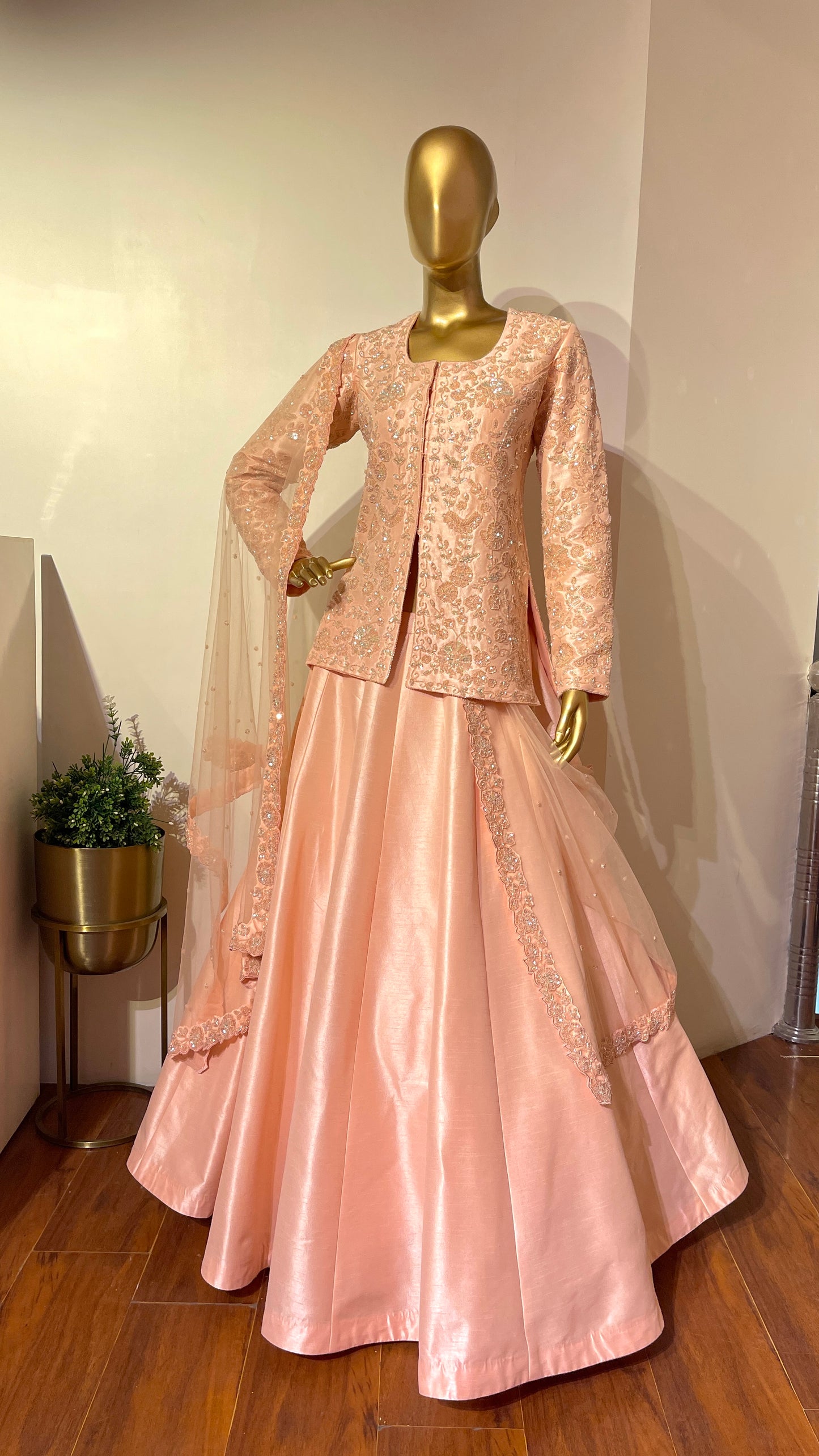 Peach Embroidered Silk Lehenga