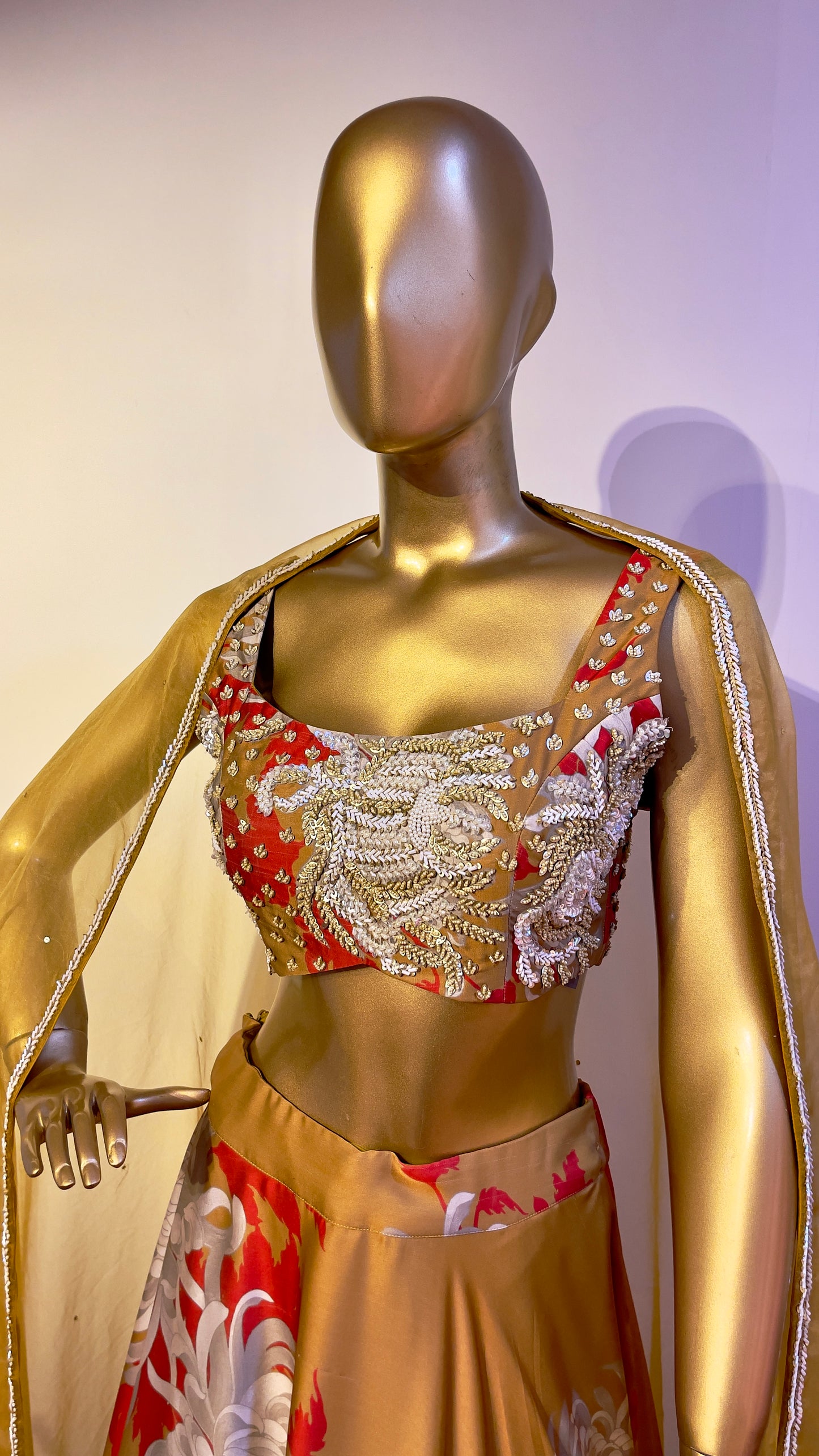 Mustard Embroidered & Printed Lehenga set