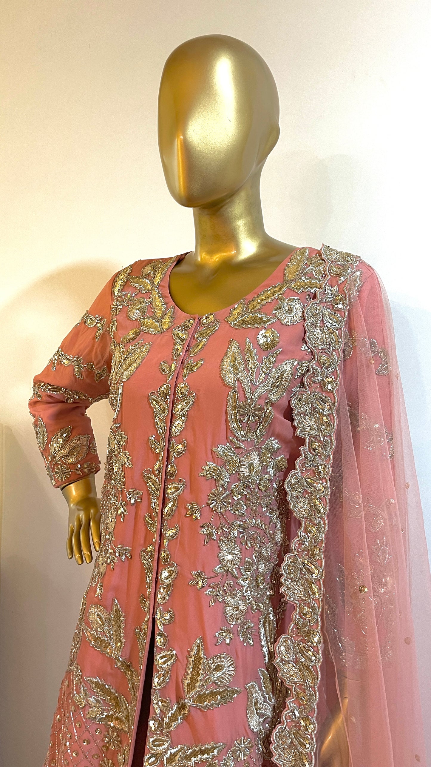 Peach Hand Embroidered Jacket Lehenga