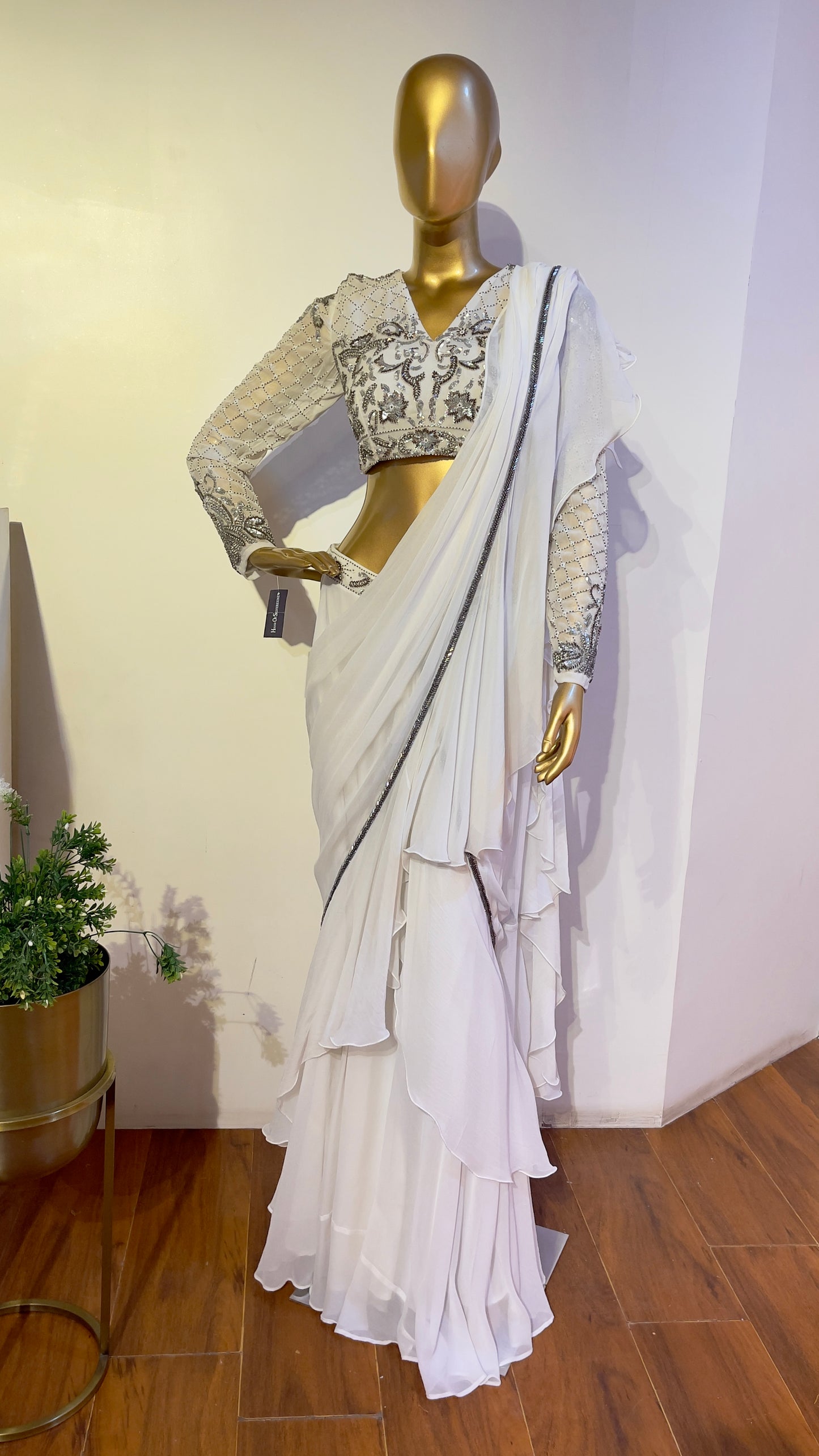 White and Silver embroidered draped sari