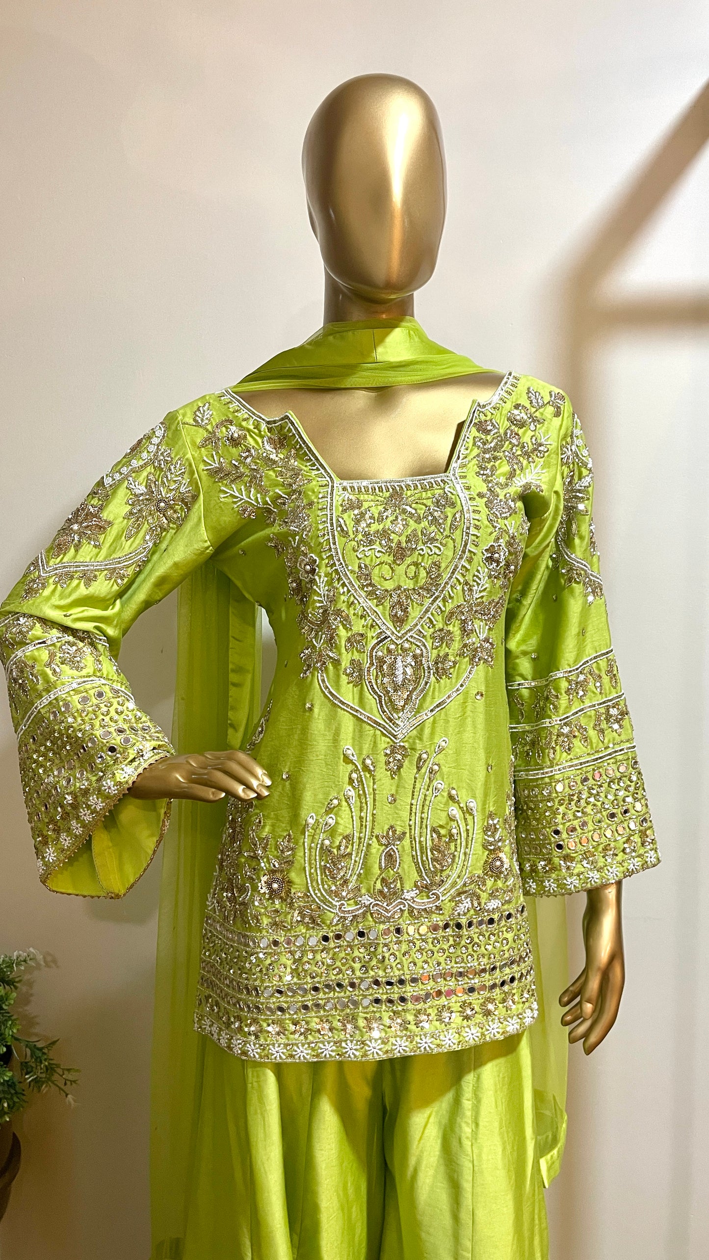 Lime Green Embroidered Sharara Suit