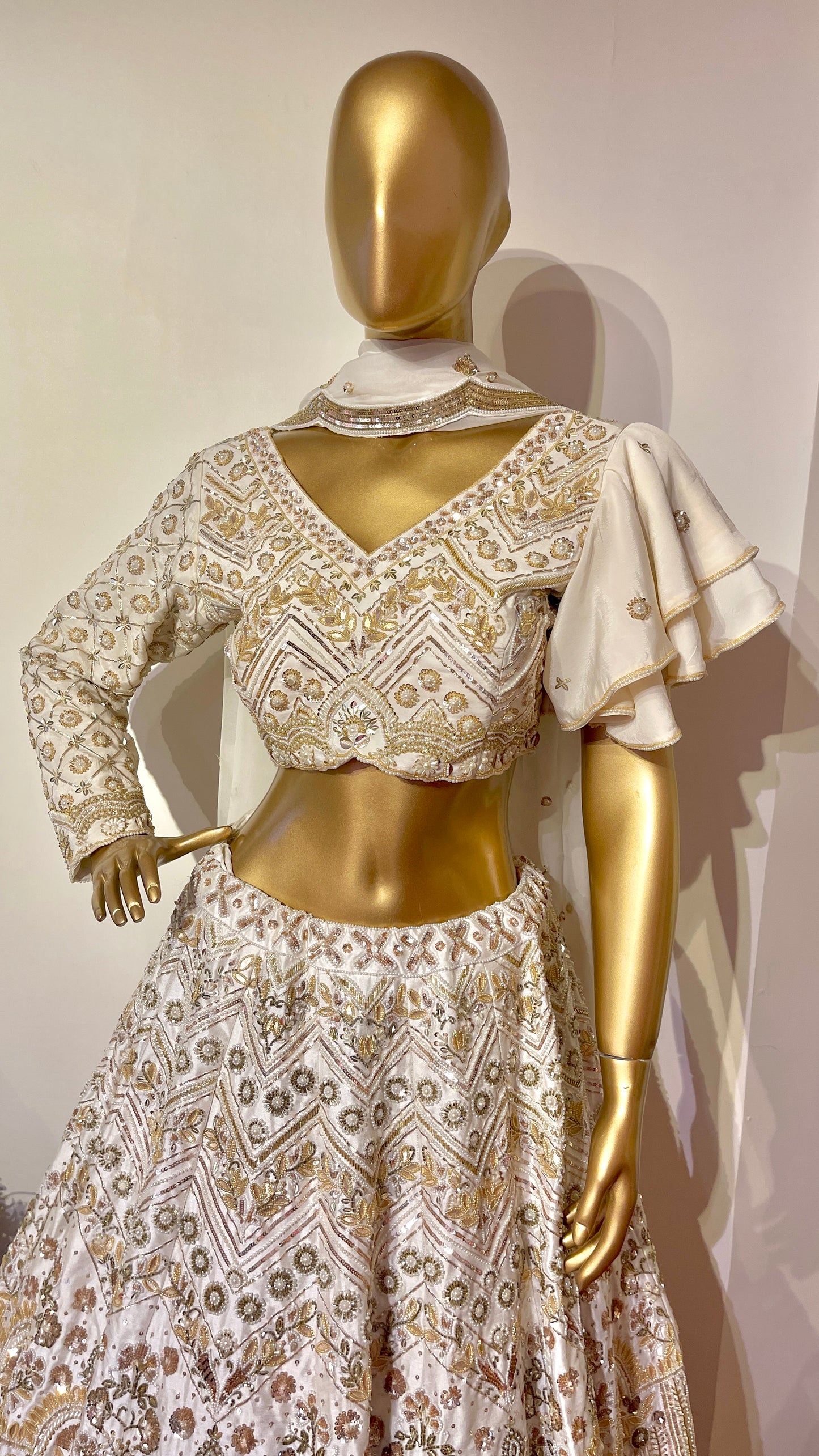 Ivory & Gold Embroidered Fusion Lehenga