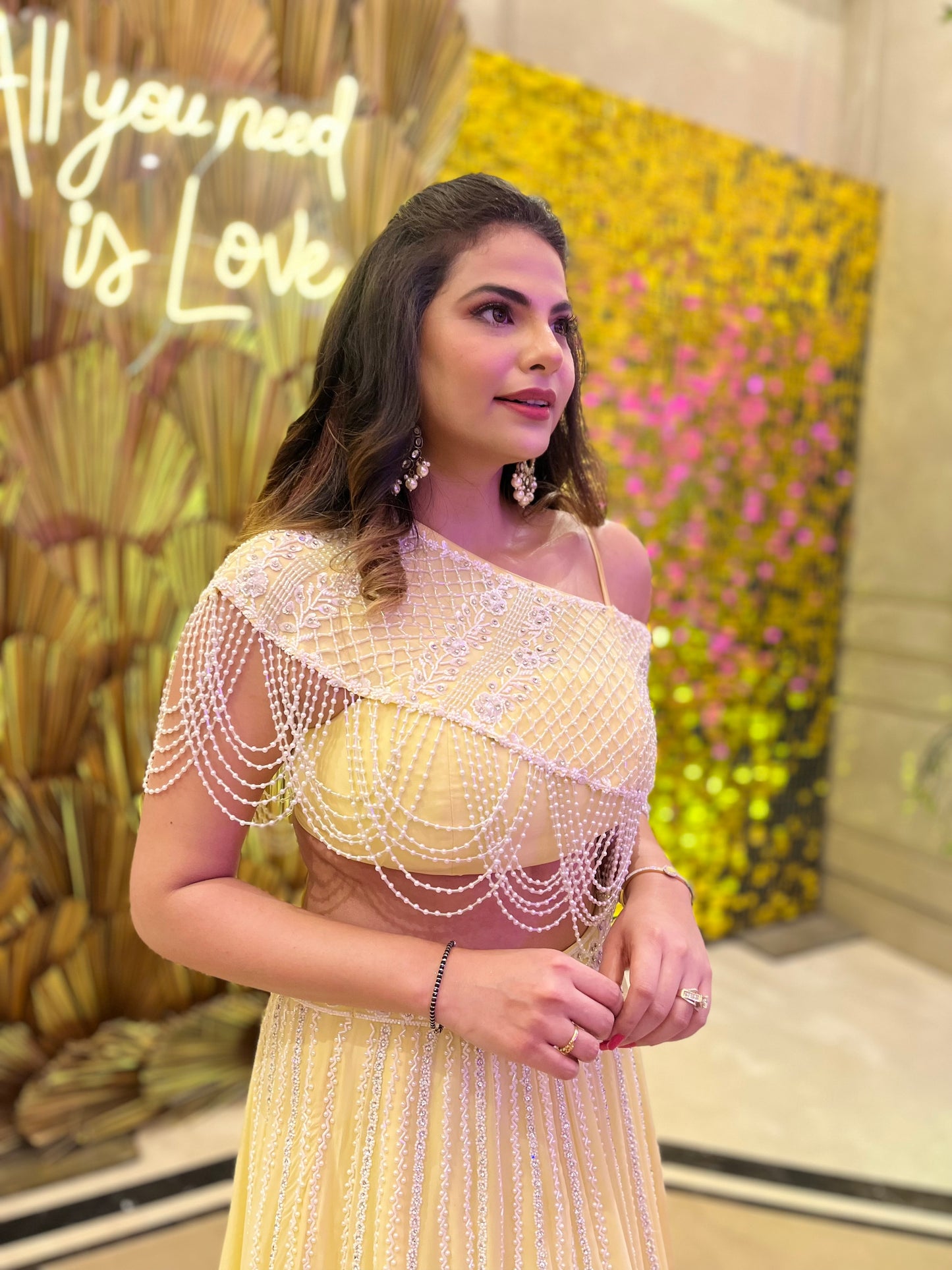 Powder Yellow pearl & sequin embroidered lehenga set