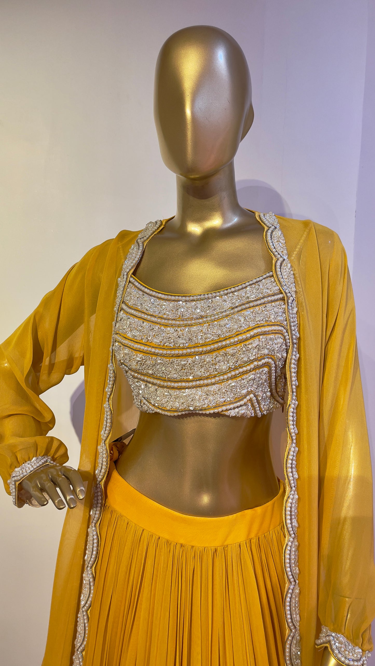 Yellow embroidered cape & lehenga set