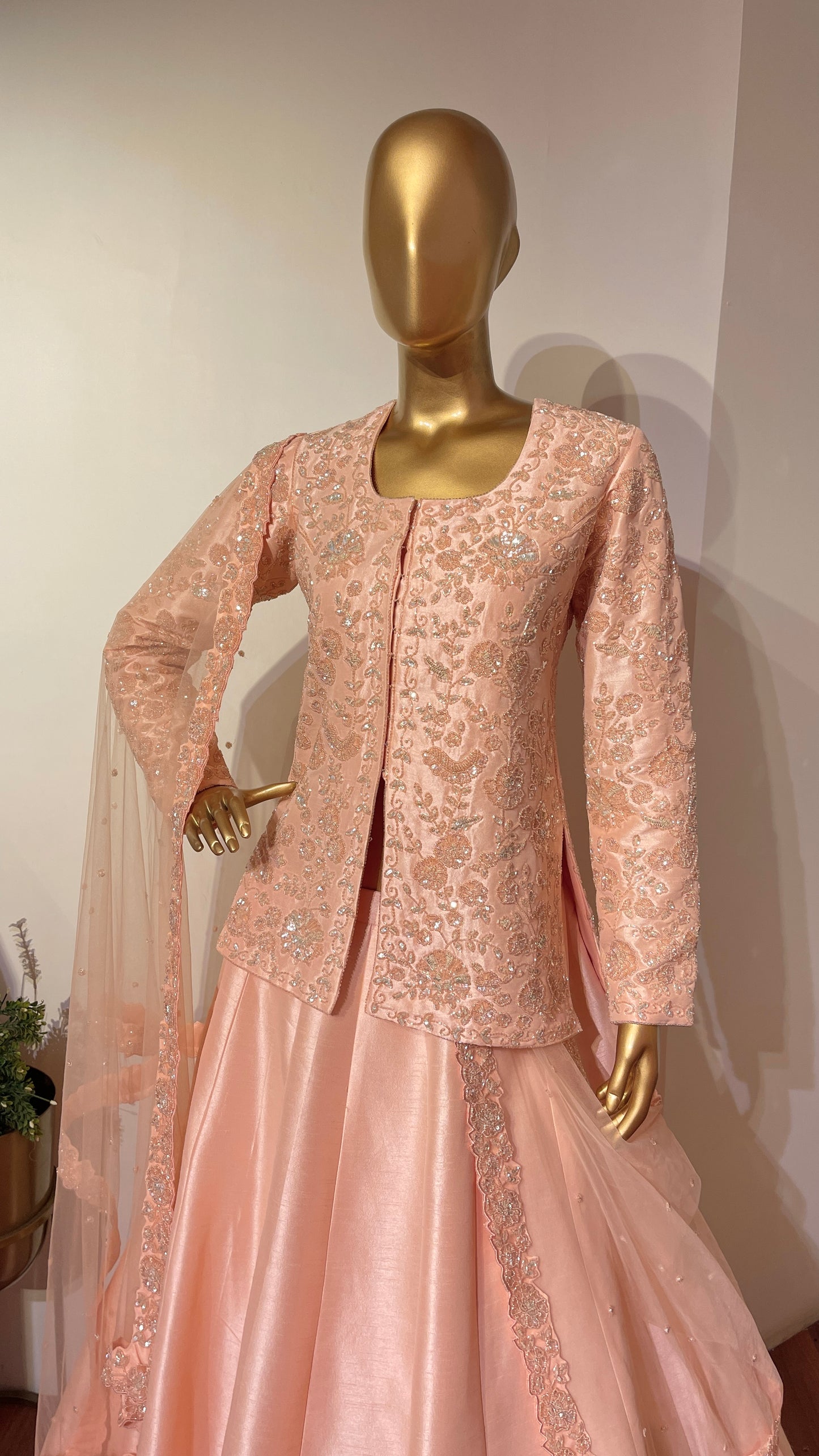 Peach Embroidered Jacket Lehenga