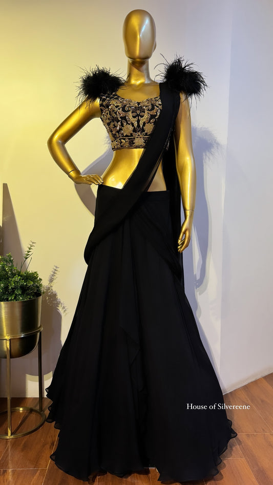 Black Zardozi Embroidered Draped Sari