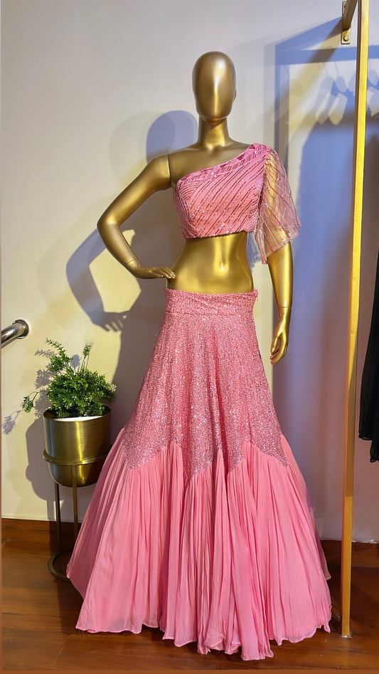Pink one shoulder crop top lehenga set