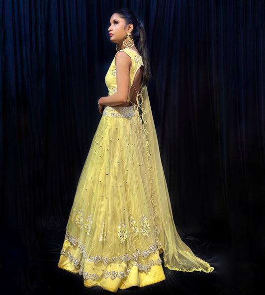 Pastel Yellow Mirror Lehenga
