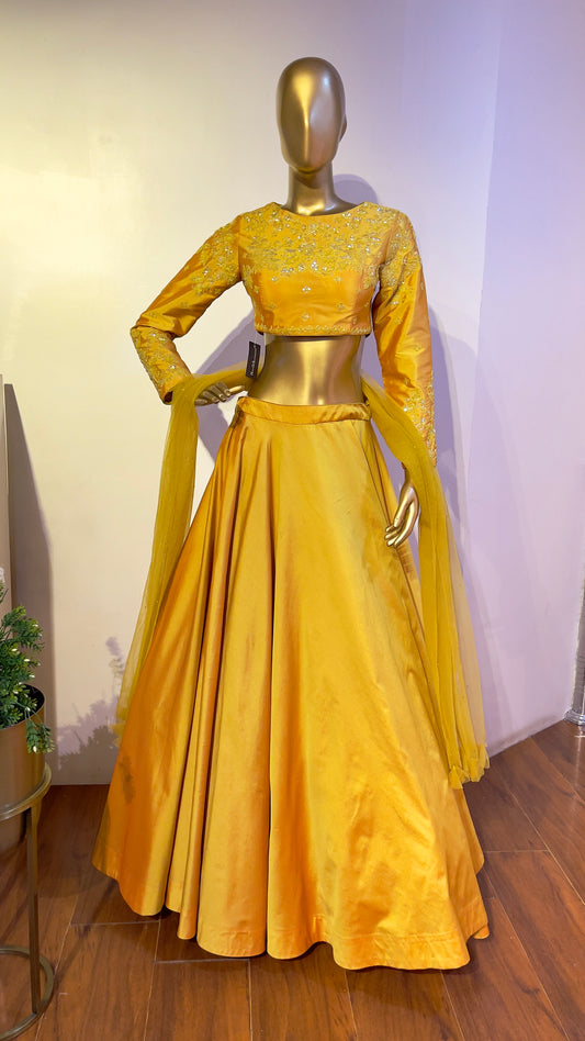 Mustard Embroidered Silk Lehenga