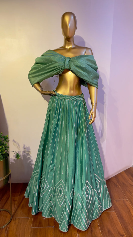 Sage Green Embroidered Bow Top and Lehenga