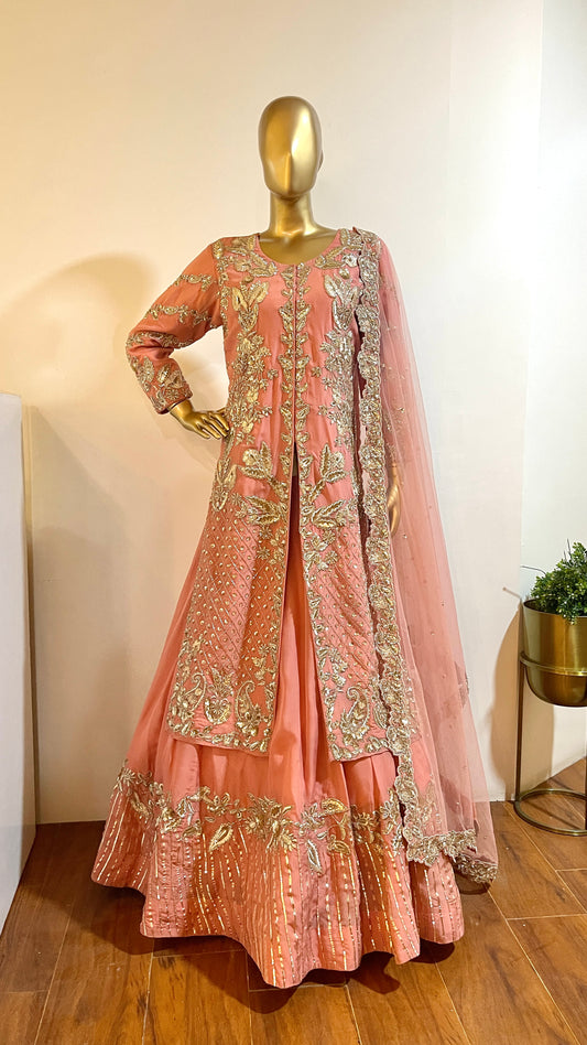 Peach Hand Embroidered Jacket Lehenga