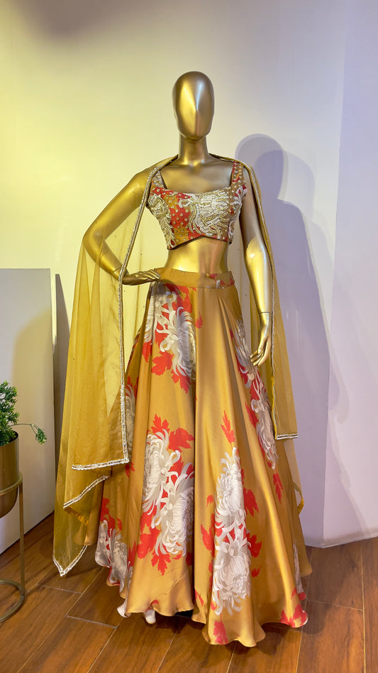 Mustard Embroidered & Printed Lehenga set