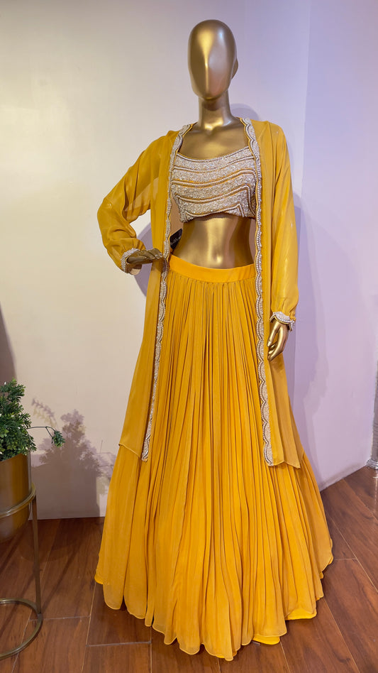 Yellow embroidered cape & lehenga set