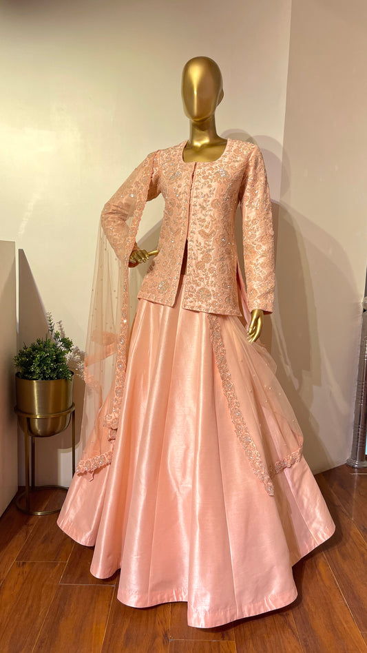 Peach Embroidered Silk Lehenga