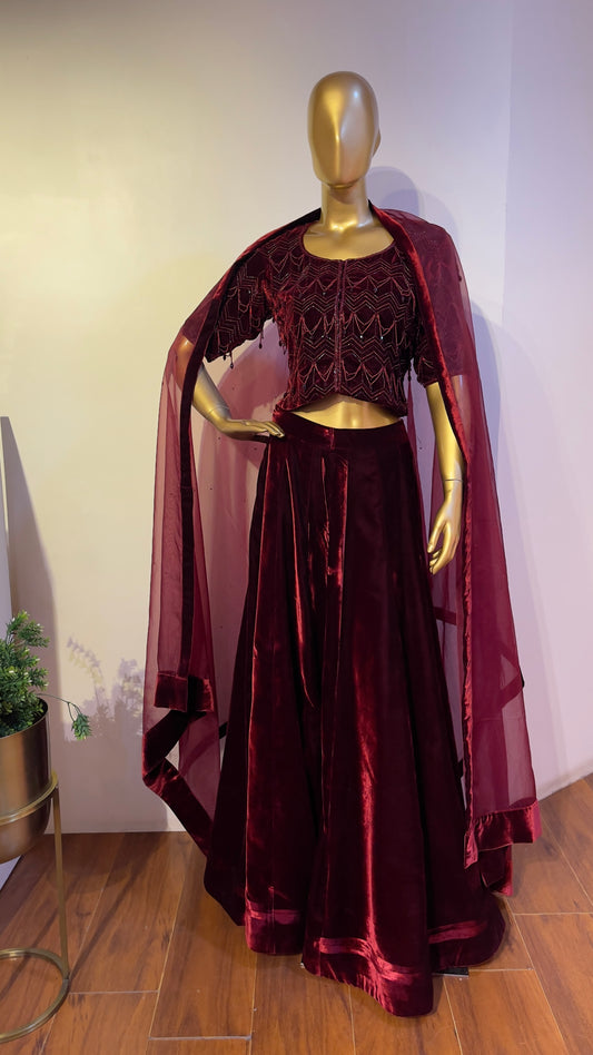 Maroon Embroidered Velvet Sharara set