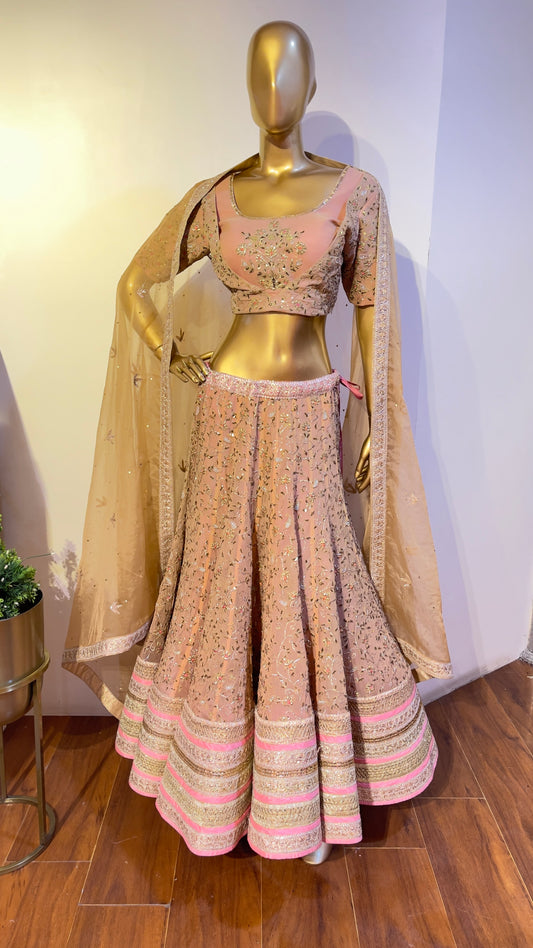 Peach & Pink Hand Embroidered Traditional Lehenga