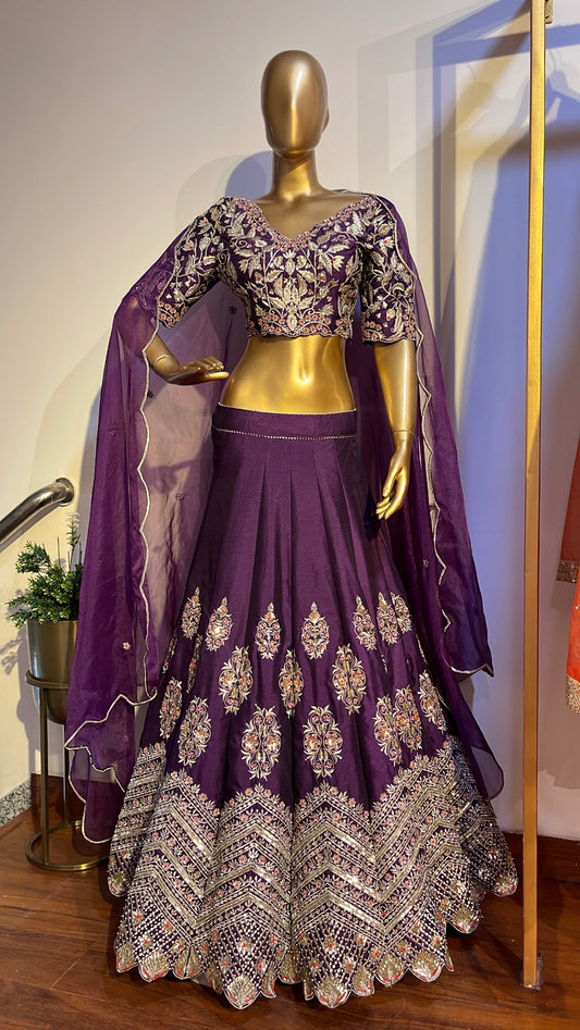 Plum Embroidered silk lehenga
