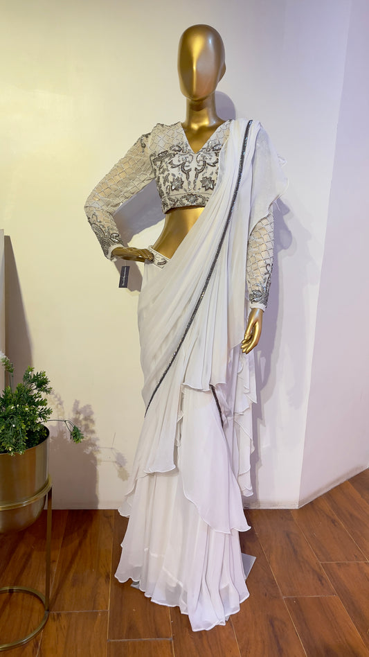White and Silver embroidered draped sari