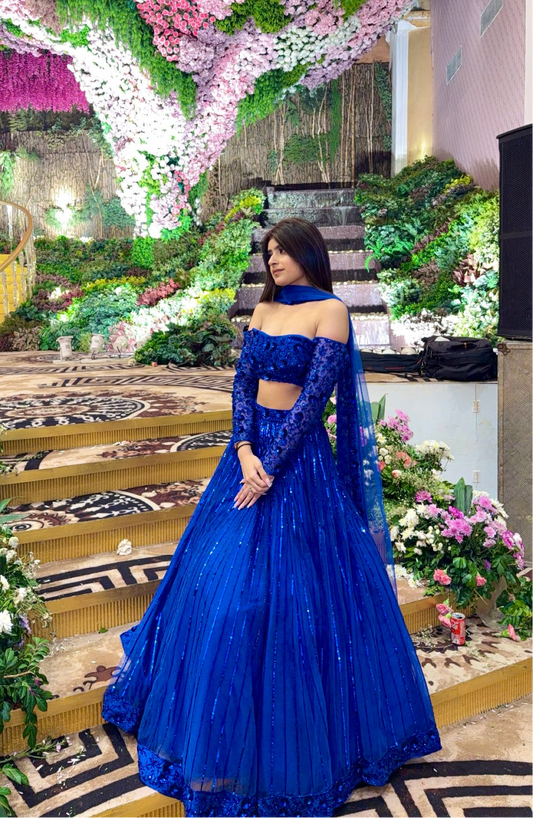 Electric Blue Embroidered FusionLehenga