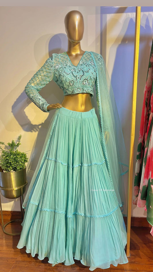 Soft turquoise embroidered lehenga