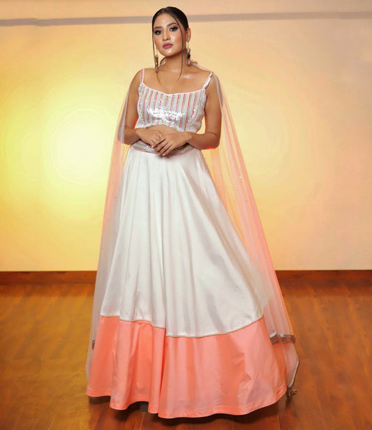 White & Peach Lehenga