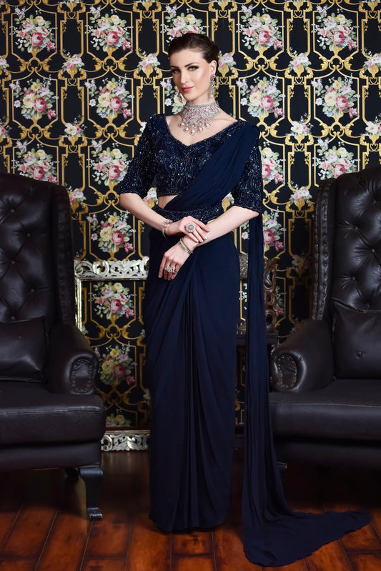 Navy Blue Embroidered Draped Saree