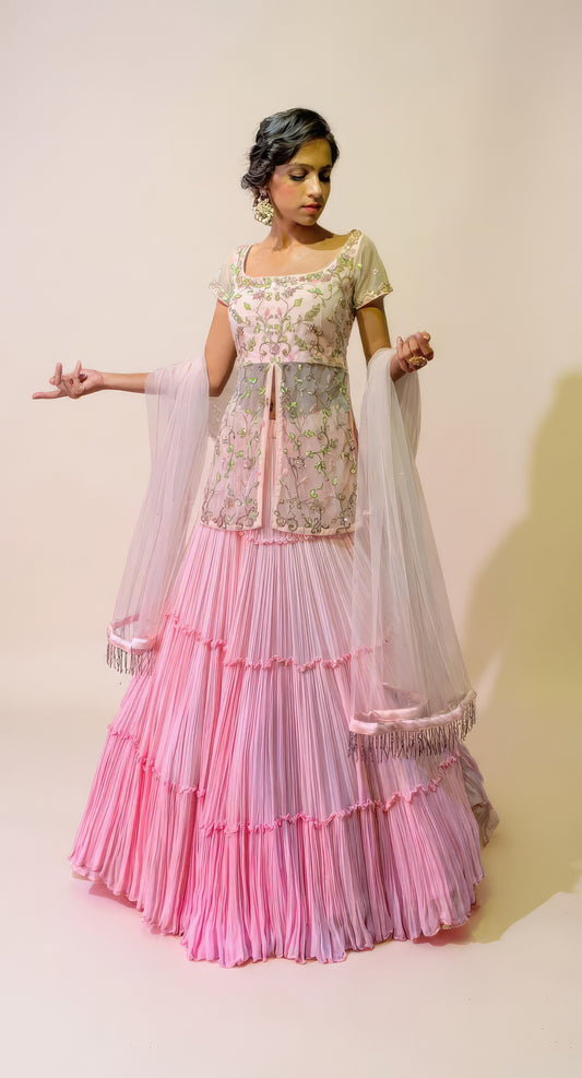Powder Pink  Embroidered Peplum Lehenga