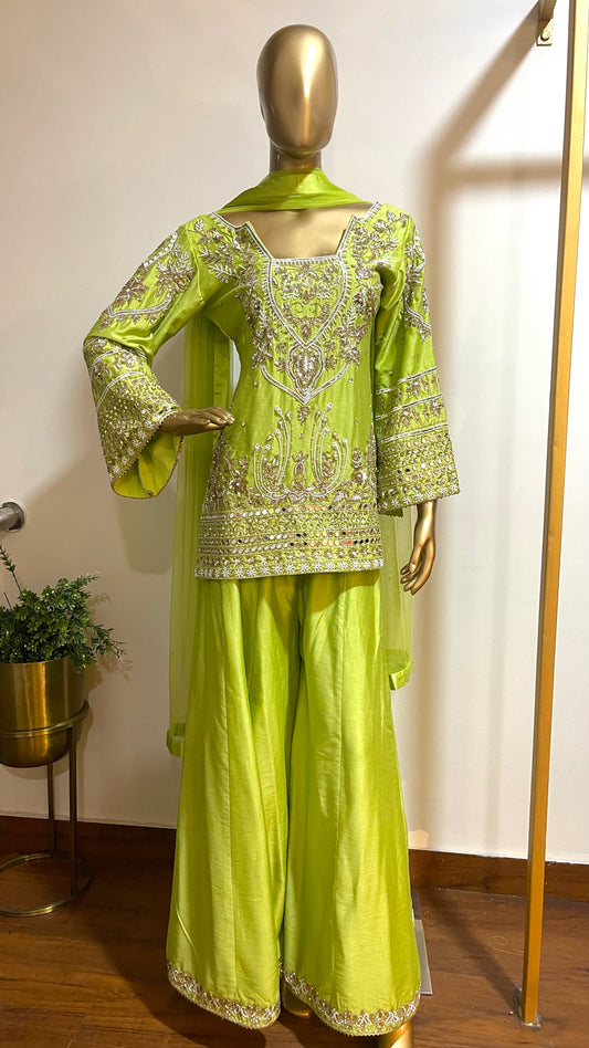 Lime Green Embroidered Sharara Suit