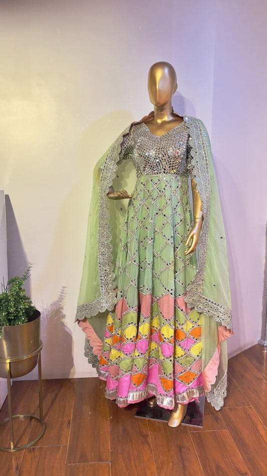 Sage Green Mirror & Gotta Embroidered Anarkali