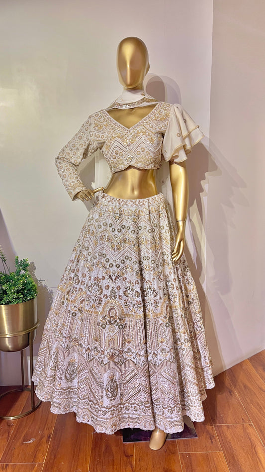 Ivory & Gold Embroidered Fusion Lehenga