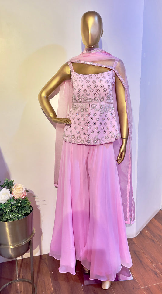 Pink Embroidered Peplum and Sharara set