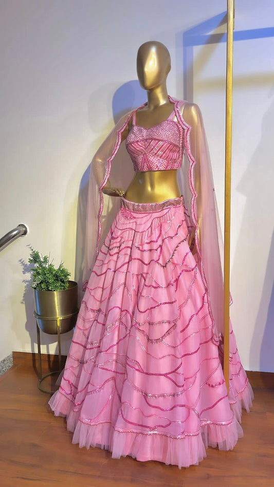 Pink embroidered organza lehenga