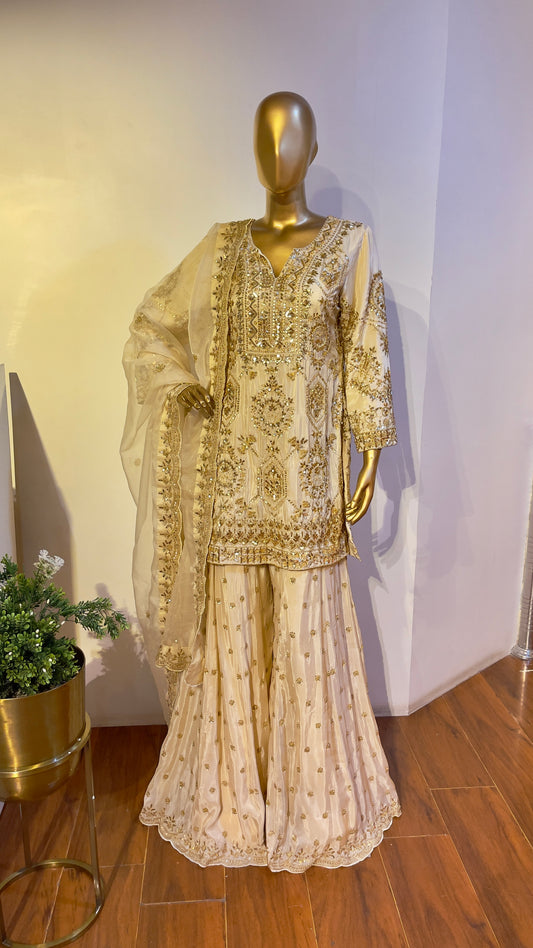 Beige Hand Embroidered Sharara Suit