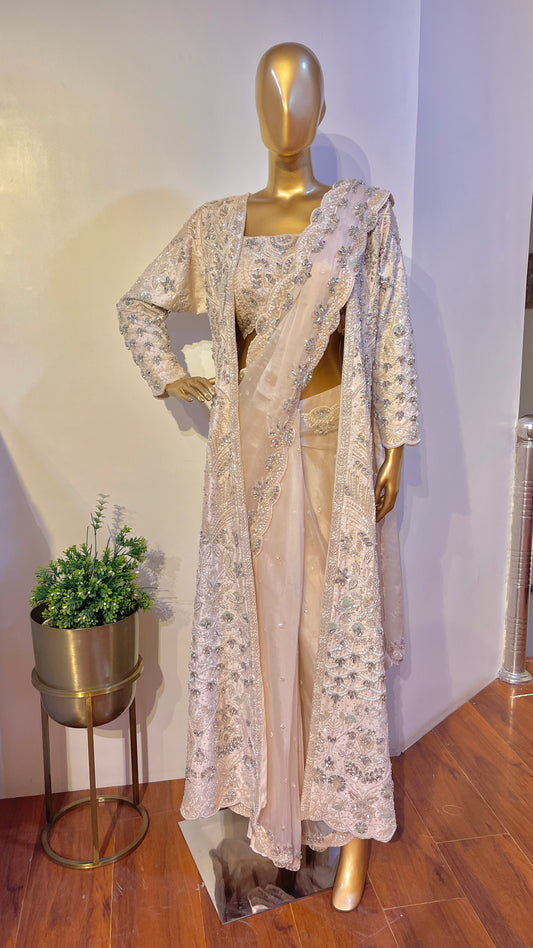 Ivory Hand Embroidered Jacket Saree
