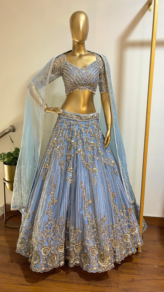 French Blue Embroidered Lehenga