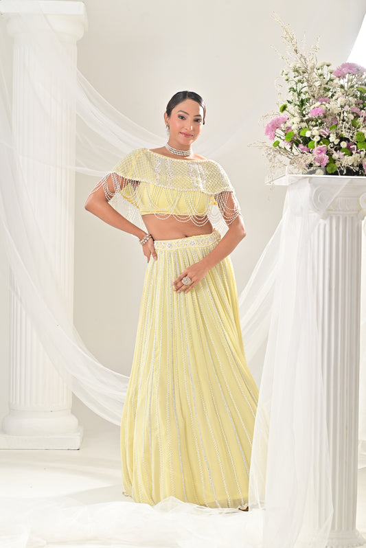 Powder Yellow pearl & sequin embroidered lehenga set